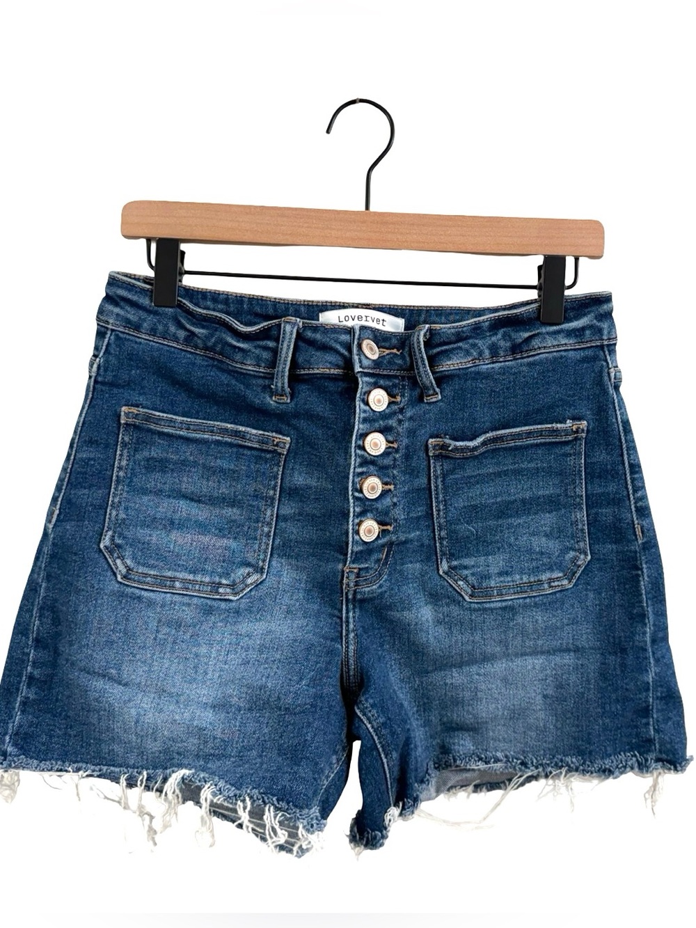 Lovervet Denim High-Rise Button-Fly Frayed Hem Shorts - Blue - Picture 2 of 8